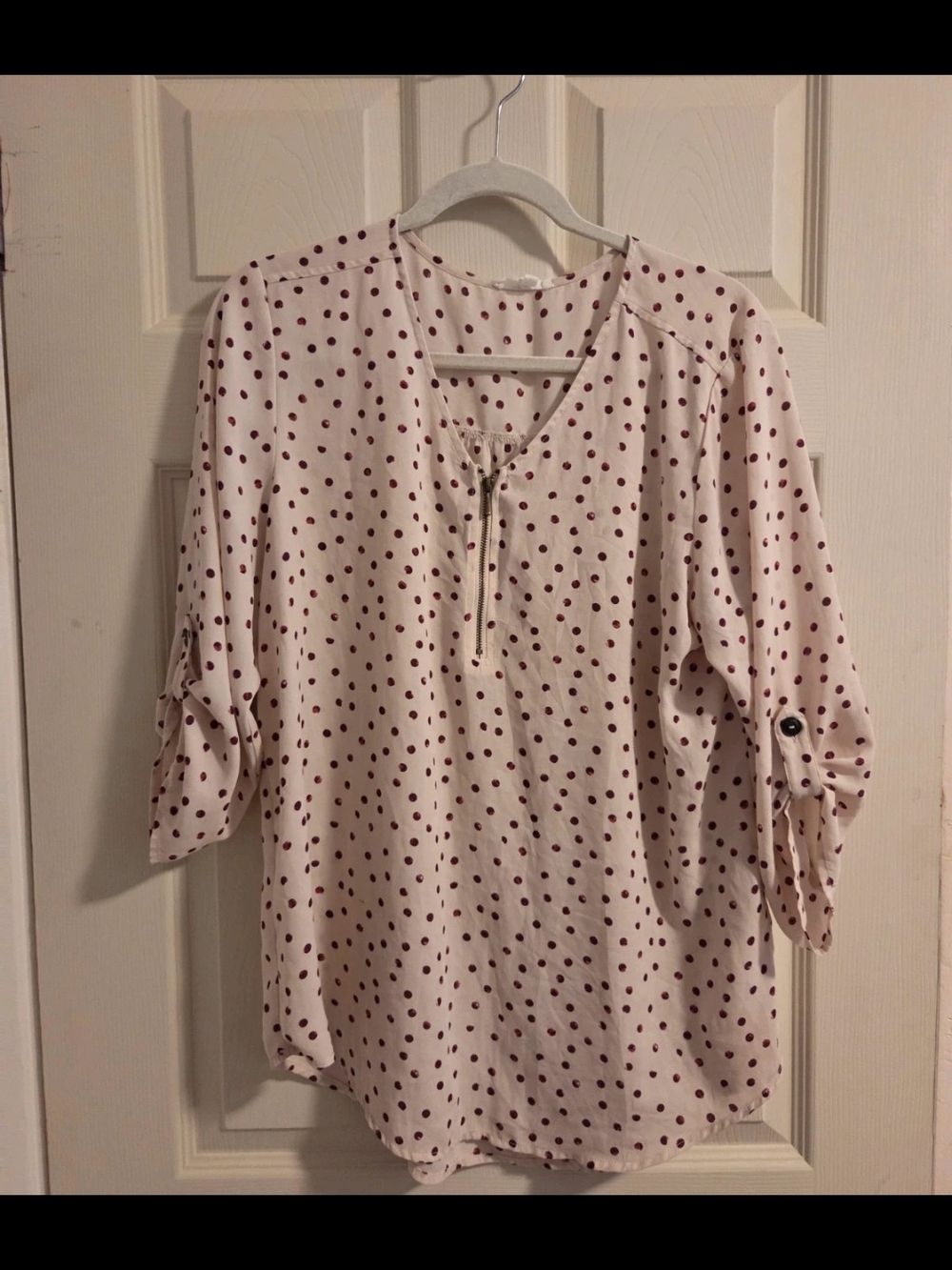 Maurices Cream Blouse with Burgundy Polka Dots